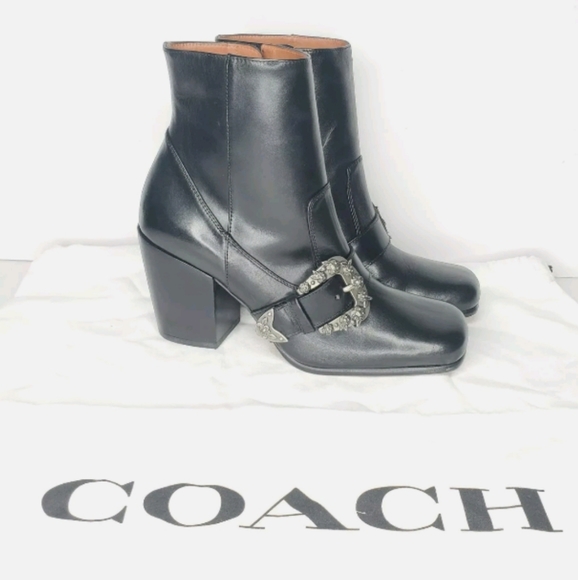 Coach Shoes - COACH Western Buckle Ankle Boot Heel Black Leather